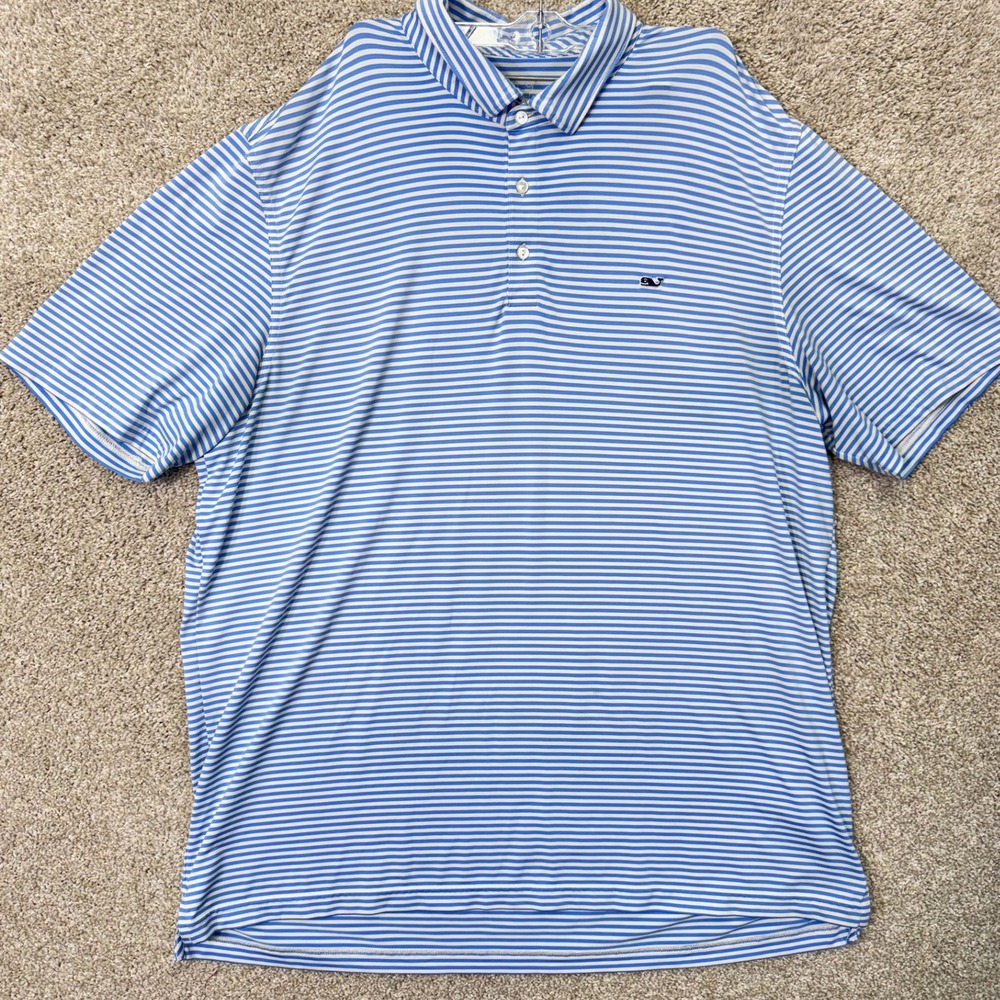 Vineyard Vines Polo Mens XL Performance Blue Striped Short Sleeve EUC